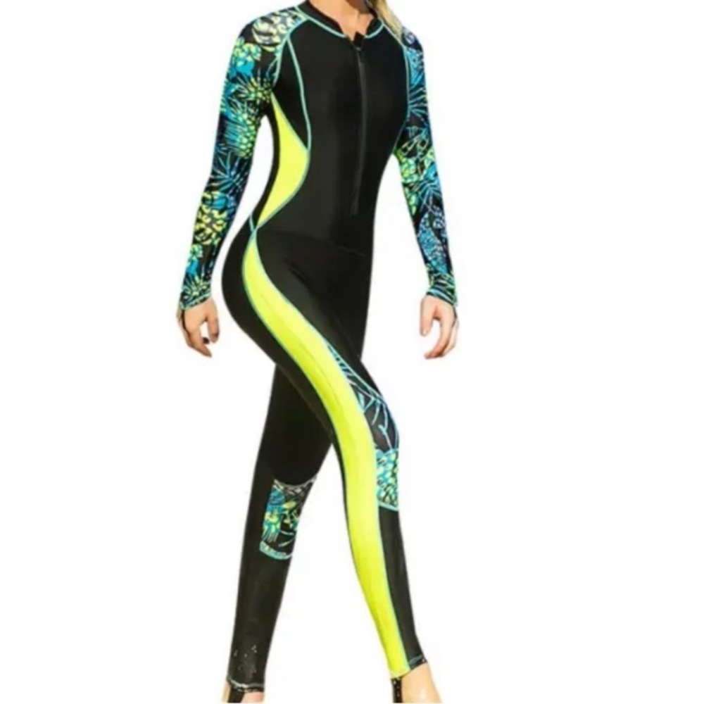 Black and Yellow One Piece Swimsuit with Tropical Sleeves